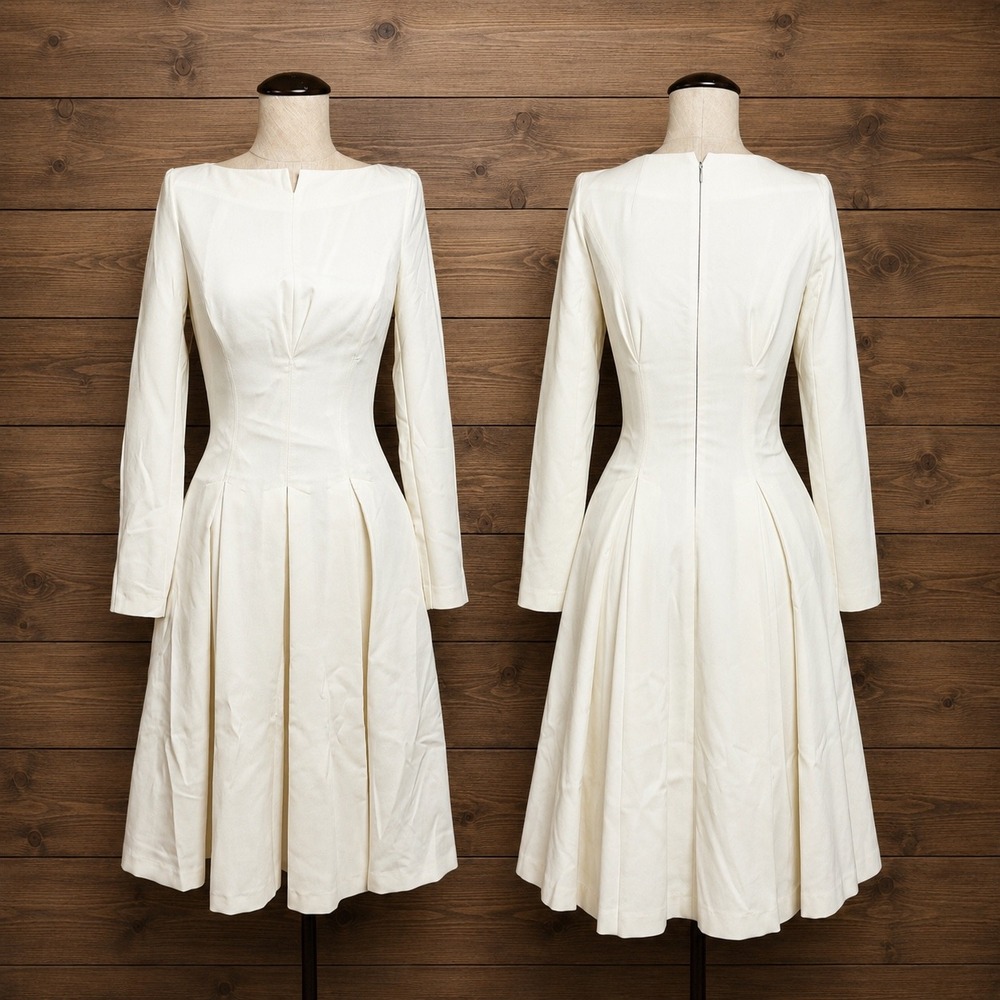 BGL White Long Sleeve Fit and Flare Boat Neck Pleated Midi Dress US 2 EU 34